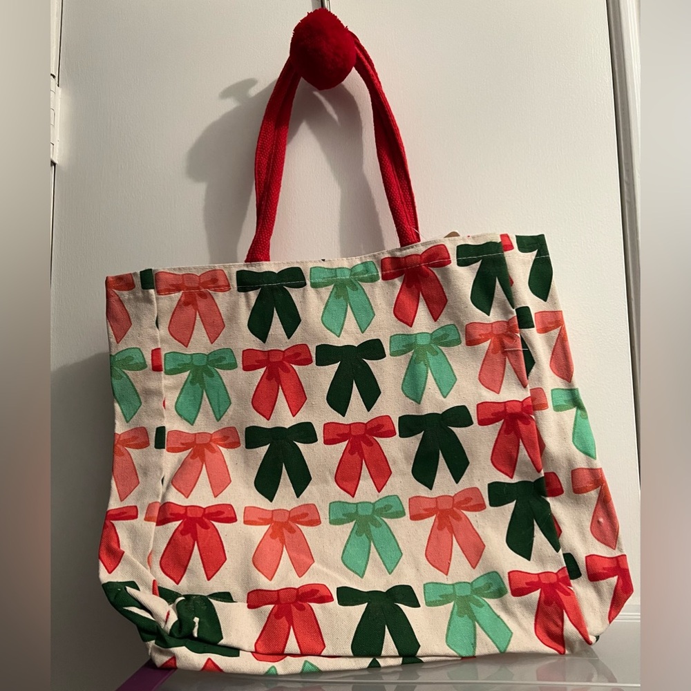 Super Cute Multi-Color Bows Canvas Tote Bag with Pom Pom- NWT